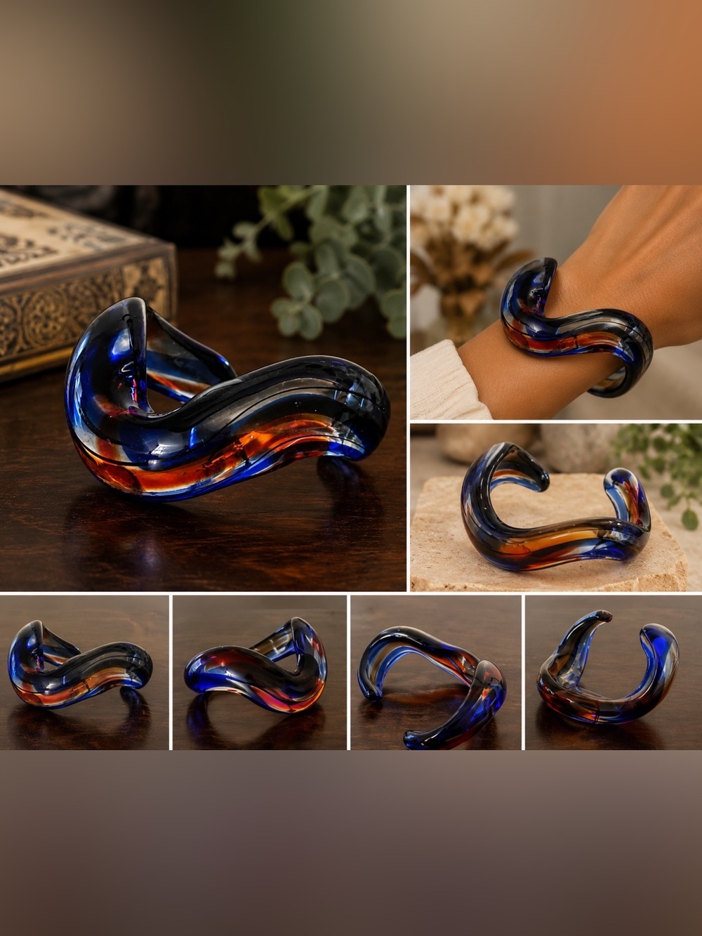 Artisan Blown Glass Cuff Bracelet Blue Red Handcrafted Statement Open Bangle